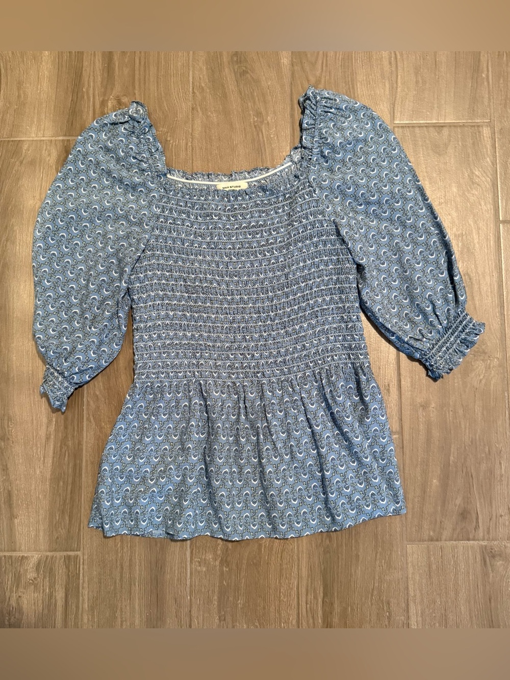 Max Studio Blue Smocked Paisley Top Women Medium Fall Cottagecore Boho Bohemian